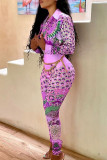 Blue Casual Print Patchwork Buckle Turndown Collar Long Sleeve Two Pieces(Without Belt)