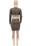 Brownness Fashion Casual Print Hollowed Out V Neck A Line Dresses