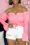 Pink Sexy Solid Patchwork Frenulum Fold Asymmetrical Off the Shoulder Tops