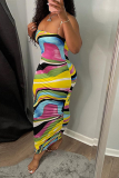 Colour Sexy Print Patchwork Spaghetti Strap Pencil Skirt Dresses