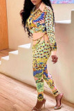 Blue Casual Print Patchwork Buckle Turndown Collar Long Sleeve Two Pieces(Without Belt)