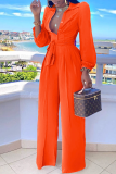 Tangerine Red Casual Solid Patchwork Turndown Collar Straight Jumpsuits