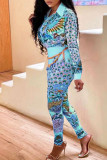 Blue Casual Print Patchwork Buckle Turndown Collar Long Sleeve Two Pieces(Without Belt)