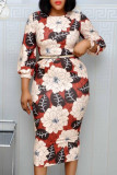 Multicolor Fashion Sexy Print Patchwork O Neck Pencil Skirt Dresses