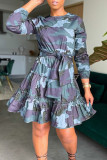 Blue Casual Print Camouflage Print Patchwork Flounce Fold O Neck A Line Dresses