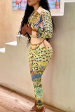Blue Casual Print Patchwork Buckle Turndown Collar Long Sleeve Two Pieces(Without Belt)