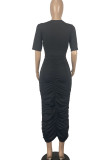 Black Casual Solid Hollowed Out Patchwork Fold O Neck One Step Skirt Dresses