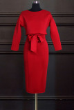 Red Fashion Street Solid Patchwork O Neck Long Sleeve Two Pieces