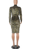 Yellow Sexy Print Leopard Patchwork With Belt O Neck One Step Skirt Dresses