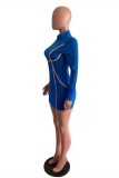 Blue Fashion Casual Solid Patchwork Zipper Collar Long Sleeve Dresses