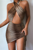 Brown Fashion Sexy Print Hollowed Out Backless Halter Sleeveless Dress
