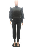 Black Fashion Casual Solid Patchwork Fold Turtleneck Long Sleeve Two Pieces
