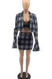 Green Casual Plaid Print Patchwork Turn-back Collar Long Sleeve Three Pieces