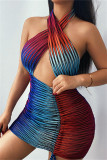 Colour Fashion Sexy Print Hollowed Out Backless Halter Sleeveless Dress