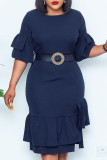 Deep Blue Fashion Casual Solid Patchwork O Neck Pencil Skirt Dresses
