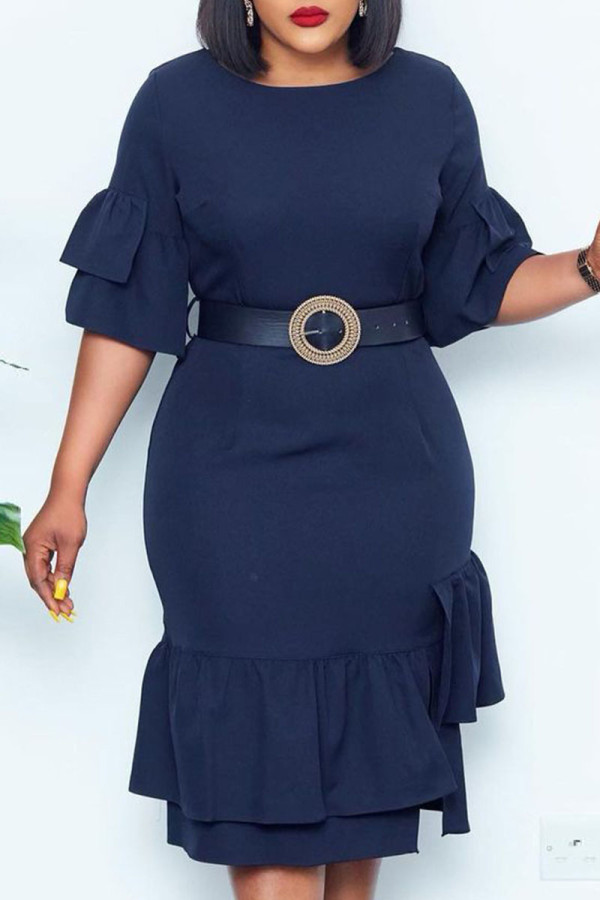Deep Blue Fashion Casual Solid Patchwork O Neck Pencil Skirt Dresses
