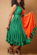 Green Elegant Solid Patchwork Flounce Fold O Neck Straight Dresses(Without Belt)