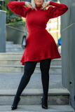 Red Casual Solid Patchwork Half A Turtleneck Cake Skirt Dresses