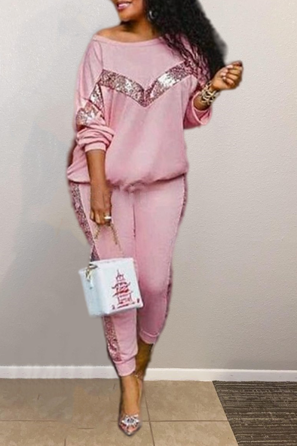Pink Casual Solid Sequins O Neck Long Sleeve Two Pieces