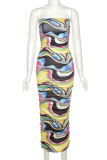 Colour Sexy Print Patchwork Spaghetti Strap Pencil Skirt Dresses