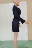 Black Casual Solid Patchwork Turndown Collar Straight Dresses
