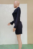 Black Casual Solid Patchwork Turndown Collar Straight Dresses