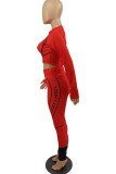 Red Fashion Casual Print Patchwork O Neck Long Sleeve Two Pieces