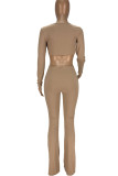 Coffee Sexy Solid Hollowed Out Split Joint V Neck Regular Jumpsuits