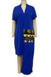Blue Casual Print Patchwork Asymmetrical V Neck Straight Dresses