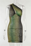 Green Fashion Sexy Print Hollowed Out Backless One Shoulder Sleeveless Dress