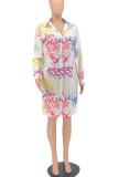 White Casual Print Patchwork Buckle Turndown Collar Shirt Dress Dresses