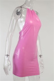 Pink Fashion Sexy Solid Bandage Backless Halter Sleeveless Dress