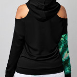 Colour Casual Street Print Patchwork Without Belt Hooded Collar Tops