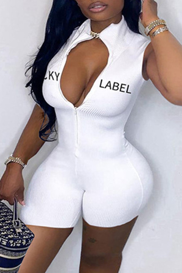 White Fashion Casual Letter Embroidered Zipper Collar Skinny Romper