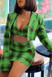 Green Casual Plaid Print Patchwork Turn-back Collar Long Sleeve Three Pieces