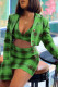 Green Casual Plaid Print Patchwork Turn-back Collar Long Sleeve Three Pieces