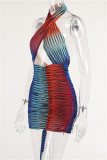 Colour Fashion Sexy Print Hollowed Out Backless Halter Sleeveless Dress