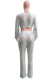 Silver Fashion Patchwork Sequins V Neck Long Sleeve Two Pieces