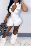 White Fashion Casual Letter Embroidered Zipper Collar Skinny Romper