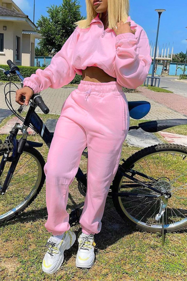 Pink Casual Solid Patchwork Turndown Collar Long Sleeve Two Pieces