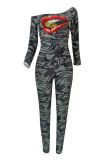 Grey Casual Print Camouflage Print Patchwork Off the Shoulder Skinny Jumpsuits