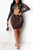 Leopard Print Fashion Sexy Print Bandage Hollowed Out O Neck Long Sleeve Dresses