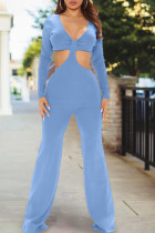 Blue Sexy Solid Hollowed Out Split Joint V Neck Regular Jumpsuits