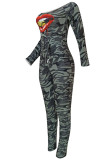 Grey Casual Print Camouflage Print Patchwork Off the Shoulder Skinny Jumpsuits