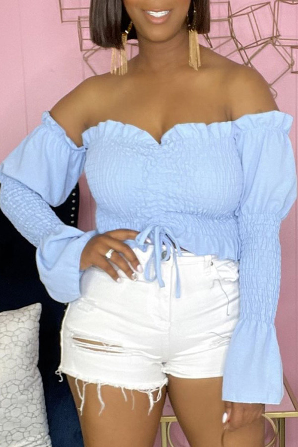 Blue Sexy Solid Patchwork Frenulum Fold Asymmetrical Off the Shoulder Tops