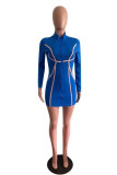 Blue Fashion Casual Solid Patchwork Zipper Collar Long Sleeve Dresses