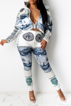 White Sexy Print Split Joint Turndown Collar Long Sleeve Two Pieces