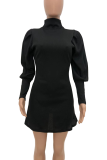 Red Casual Solid Patchwork Half A Turtleneck Cake Skirt Dresses