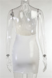 Pink Fashion Sexy Solid Bandage Backless Halter Sleeveless Dress