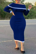 Deep Blue Fashion Casual Solid Split Joint Off the Shoulder Long Sleeve Plus Size Dresses